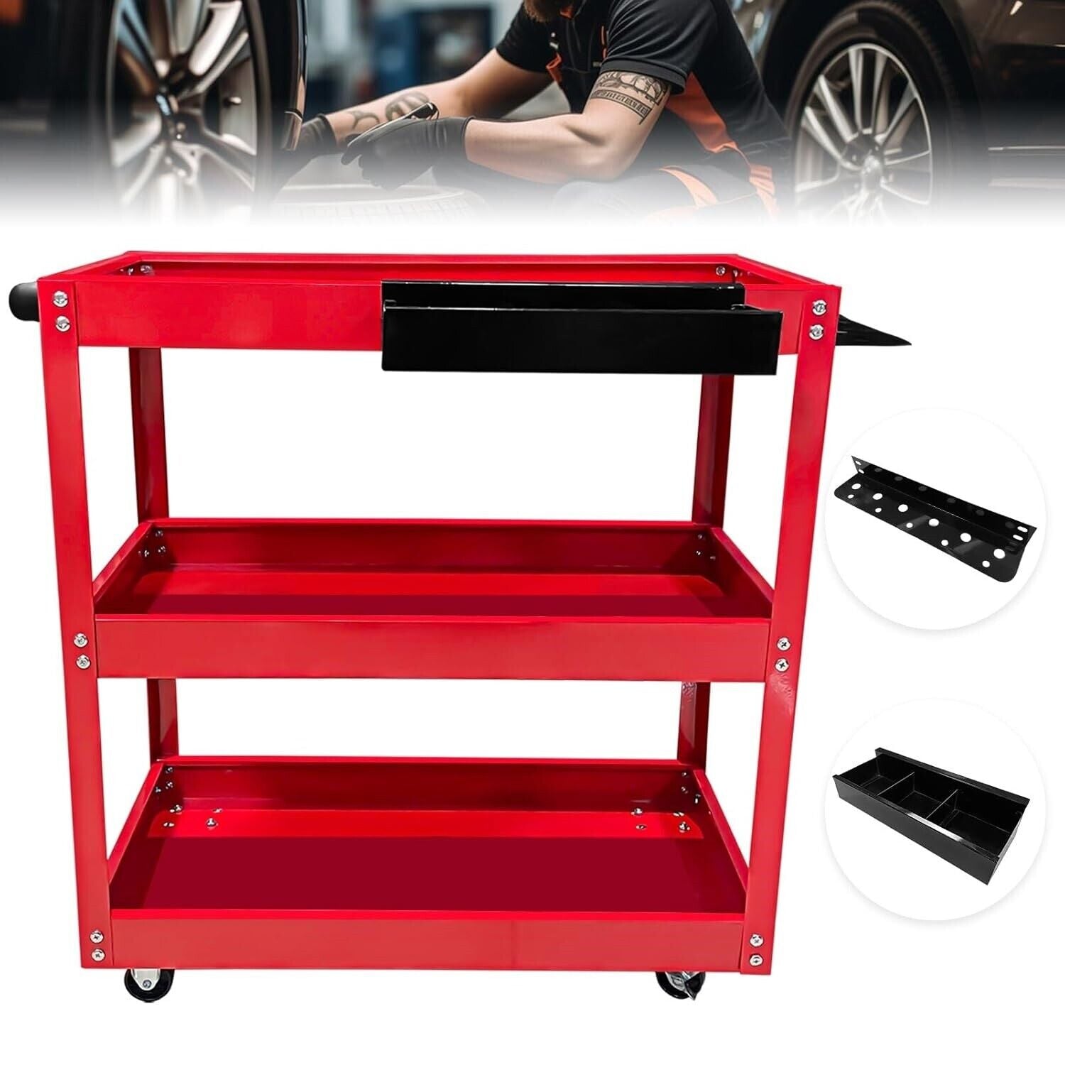 3-Tier Rolling Tool Cart with Wheels - Heavy-Duty Utility Work Cart, 400lbs Capacity, Side Tool Slots & Locking Casters for Garage, Workshop, Home Use