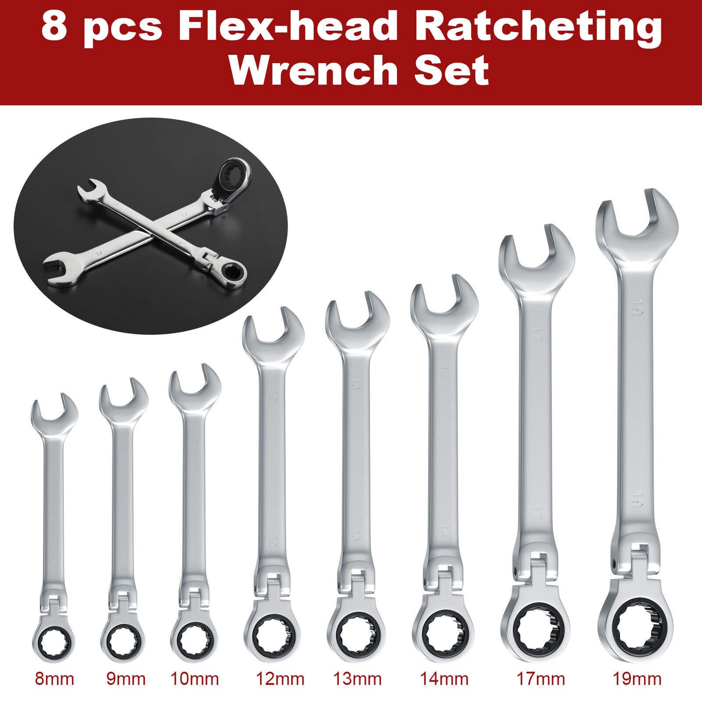 8Pcs Flexible Head Ratcheting Wrench Set 8-19mm – Metric Spanner Tools with 72-Tooth Ratchet, Chrome Vanadium Steel, Roll-Up Storage Pouch