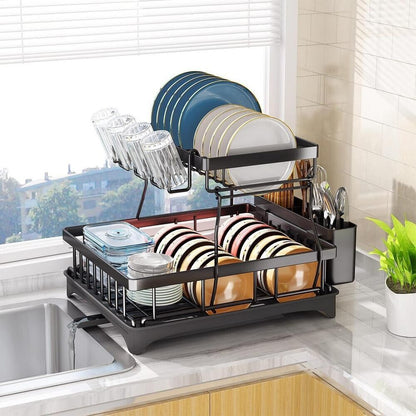 Dish Drying Rack 2-Tier Large - Carbon Steel, Utensil Holder, Drainboard, Fast Drainage, Easy Tool-Free Assembly for Kitchen Countertop Storage Drying