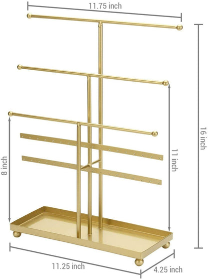 Gold Metal Jewelry Organizer - 5-Tier Tabletop Display Rack with T-Bars, Earring Holder for 18 Pairs, Ring Tray - Perfect for Home or Boutique