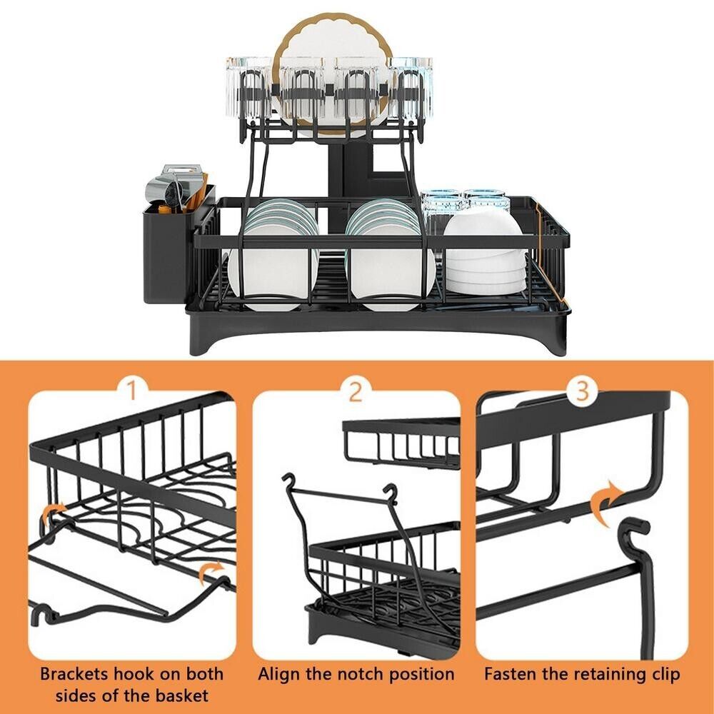 Dish Drying Rack 2-Tier Large - Carbon Steel, Utensil Holder, Drainboard, Fast Drainage, Easy Tool-Free Assembly for Kitchen Countertop Storage Drying