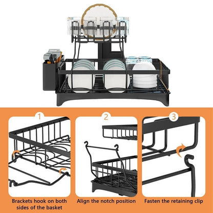 Dish Drying Rack 2-Tier Large - Carbon Steel, Utensil Holder, Drainboard, Fast Drainage, Easy Tool-Free Assembly for Kitchen Countertop Storage Drying