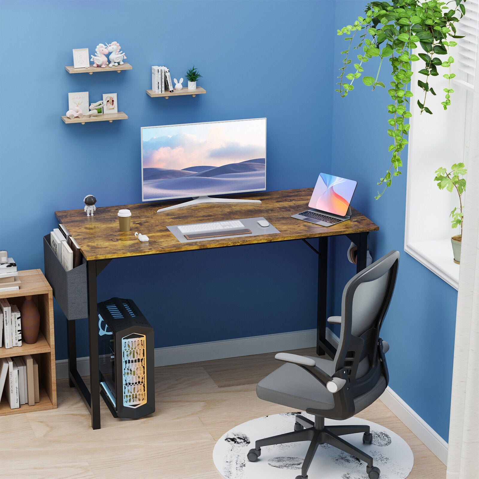 Computer Office Desk Writing Study Work Modern Simple Style Wooden Table with Storage Bag & Iron Hook for Home Bedroom