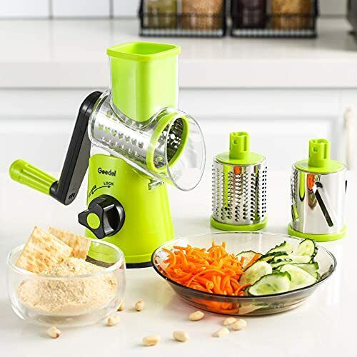 Rotary Cheese Grater, Kitchen Mandoline Vegetable Slicer with 3 Interchangeable Blades, Easy to Clean Rotary Grater Slicer