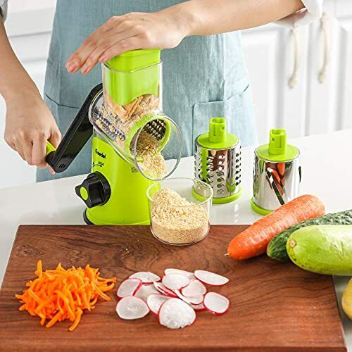 Rotary Cheese Grater, Kitchen Mandoline Vegetable Slicer with 3 Interchangeable Blades, Easy to Clean Rotary Grater Slicer