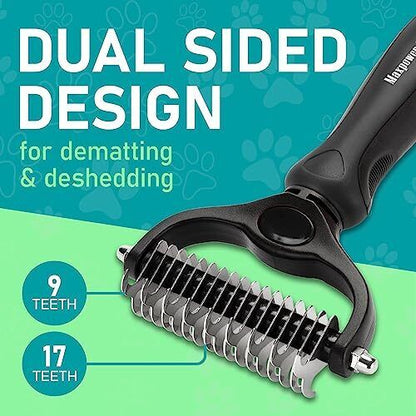 Pet Grooming Brush - Double Sided Shedding & Dematting Tool for Dogs & Cats, Reduces Shedding & Tangles, Non-Slip Handle, Perfect for Thick Coats