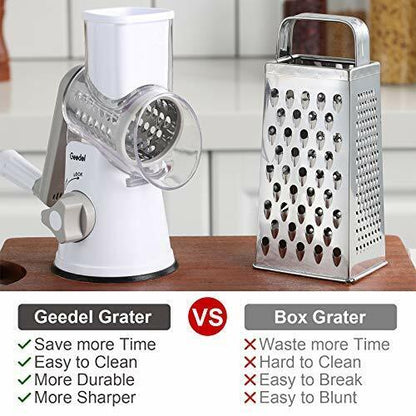 Rotary Cheese Grater, Kitchen Mandoline Vegetable Slicer with 3 Interchangeable Blades, Easy to Clean Rotary Grater Slicer