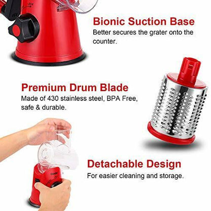 Rotary Cheese Grater, Kitchen Mandoline Vegetable Slicer with 3 Interchangeable Blades, Easy to Clean Rotary Grater Slicer