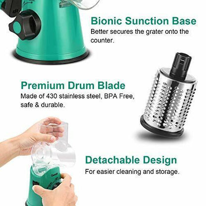 Rotary Cheese Grater, Kitchen Mandoline Vegetable Slicer with 3 Interchangeable Blades, Easy to Clean Rotary Grater Slicer