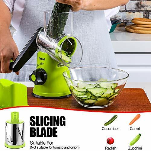 Rotary Cheese Grater, Kitchen Mandoline Vegetable Slicer with 3 Interchangeable Blades, Easy to Clean Rotary Grater Slicer