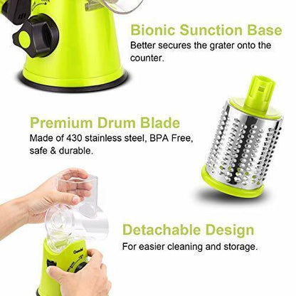 Rotary Cheese Grater, Kitchen Mandoline Vegetable Slicer with 3 Interchangeable Blades, Easy to Clean Rotary Grater Slicer