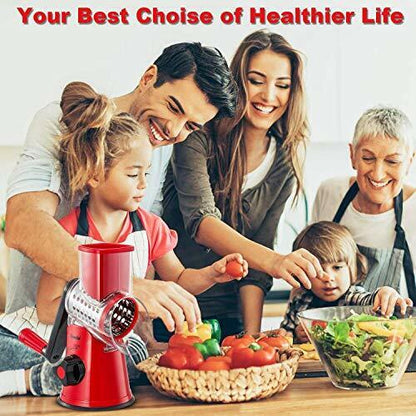 Rotary Cheese Grater, Kitchen Mandoline Vegetable Slicer with 3 Interchangeable Blades, Easy to Clean Rotary Grater Slicer