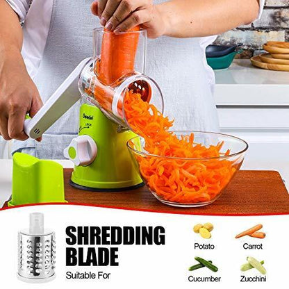 Rotary Cheese Grater, Kitchen Mandoline Vegetable Slicer with 3 Interchangeable Blades, Easy to Clean Rotary Grater Slicer