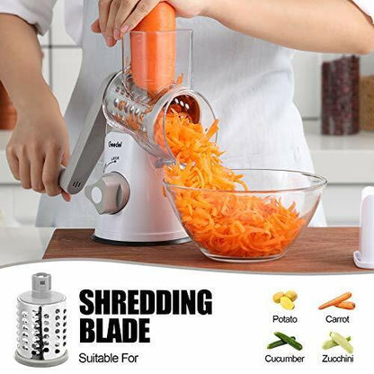 Rotary Cheese Grater, Kitchen Mandoline Vegetable Slicer with 3 Interchangeable Blades, Easy to Clean Rotary Grater Slicer