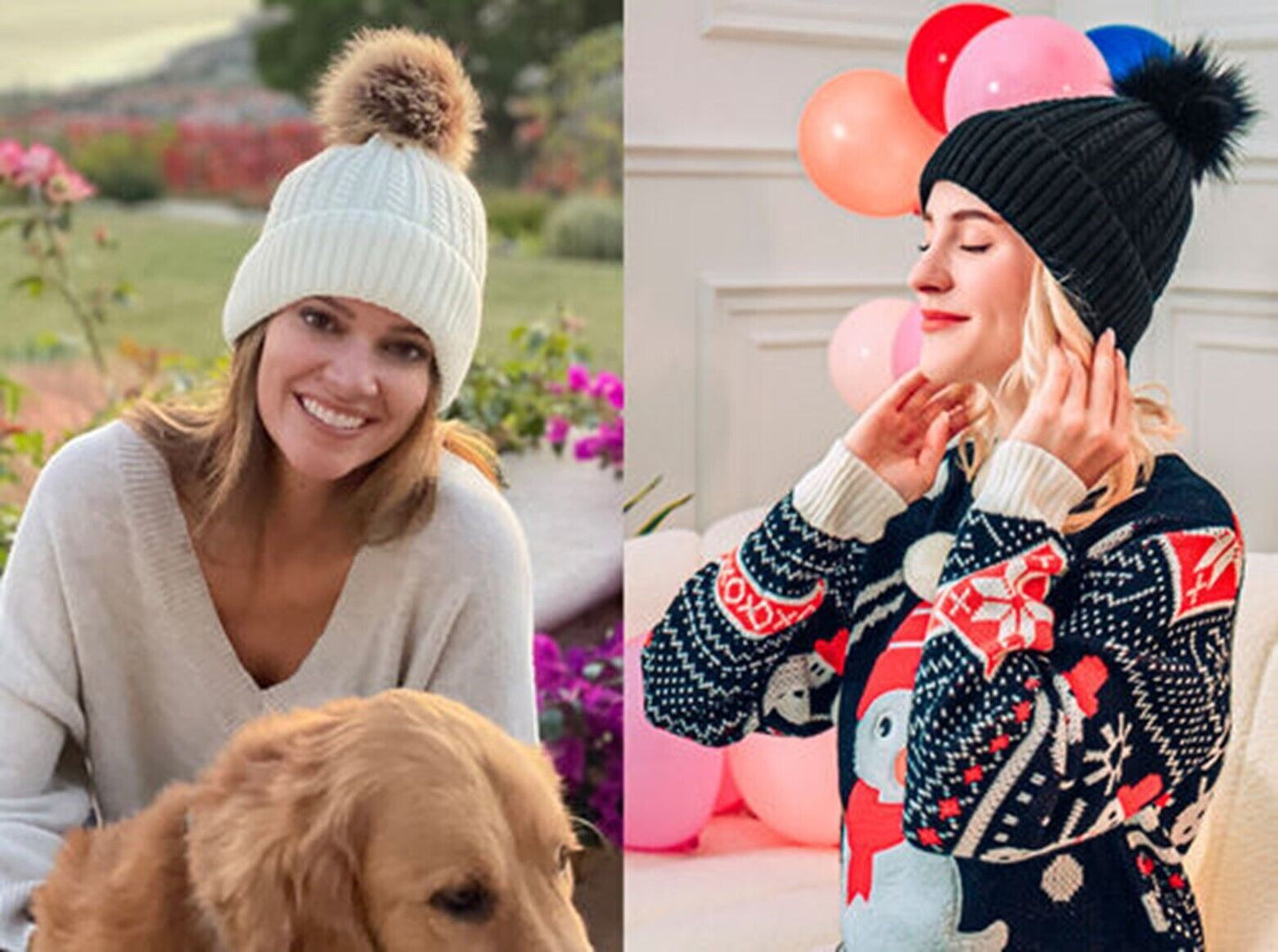 snow cap Winter Beanie for Women with Faux Fur PomPom – Warm Fleece Lined Knit Hat, Soft & Stretchy, Stylish & Thick for Cold Weather, Skiing 